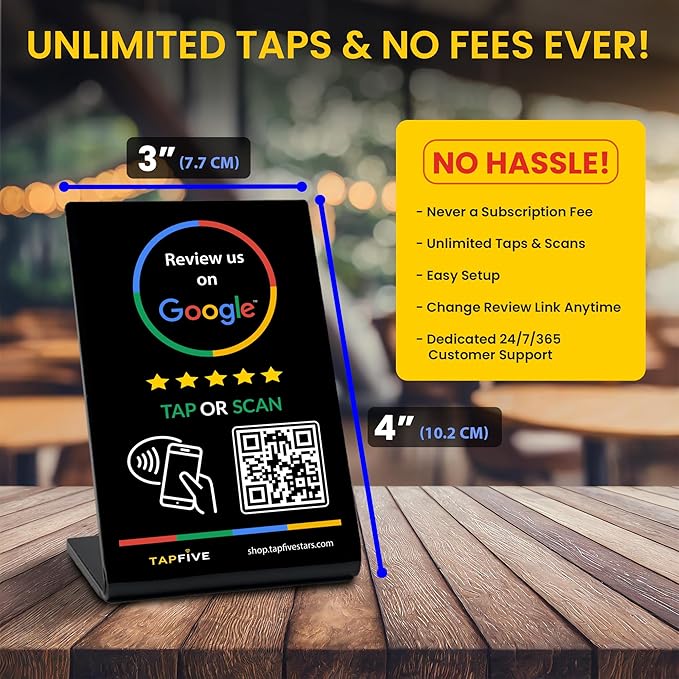 Tap Google Review Stands (5-Pack) Tap for Instant Reviews - All Phones Compatible - Reusable Smart Tap NFC & QR - Boost Business Reviews Zappy Fast - Powered (Black, 5 Stands)