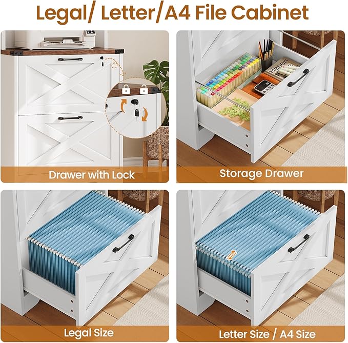 SEDETA 2 Drawer File Cabinet with Lock, Wood Filing Cabinet fits Letter, Legal, A4 Size, Hanging File Folders, Farmhouse File Cabinets for Home Office with Adjustable Storage Shelf, White