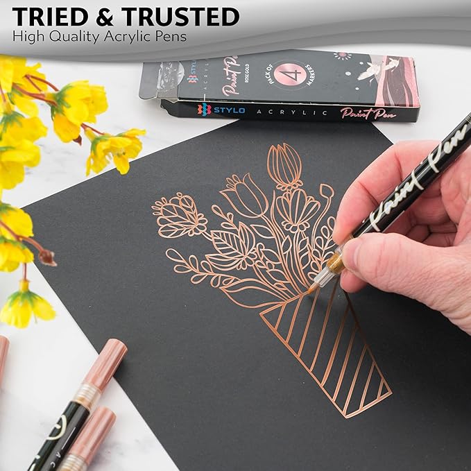 Stylo 4 Count Acrylic Metallic Pens - Rose Gold Paint Pens - Fine Tip Permanent Acrylic Metallic Paint Markers for Rock Painting, Glass, Wood, Ideal for Arts and Crafts (Pack of 4, Rose Gold)