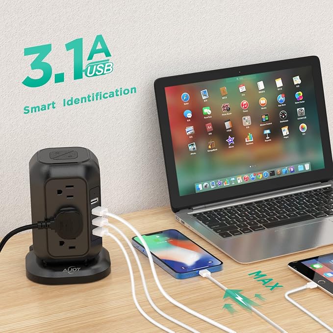 Power Strip Tower with USB Ports-AiJoy Surge Protector with 12 AC Outlet and 4 USB Ports, 10 Ft Extension Cord with Multiple Outlets, Charging Station with Overload Protection, for Home Office Dorm