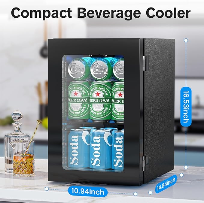 24 Cans Beverage Refrigerator Cooler, Mini Fridge Countertop Drink Cooler for Soda, Canned Beer, Adjustable Digital Temperature Control for Home Dorm Office, Black