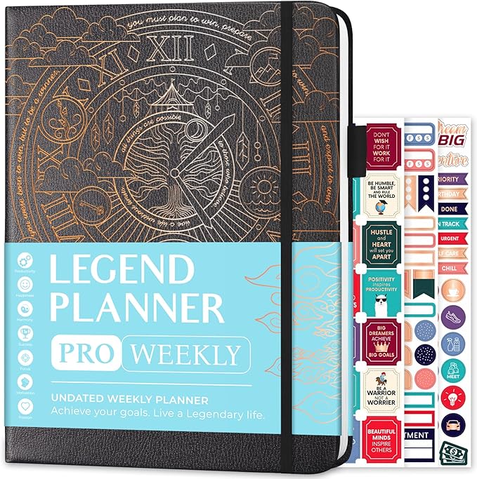 Legend Planner PRO – Deluxe Weekly & Monthly Life Planner to Increase Productivity and Hit Your Goals. Time Management Organizer Notebook – Undated – 7 x 10" Hardcover + Stickers – Mystic Gray