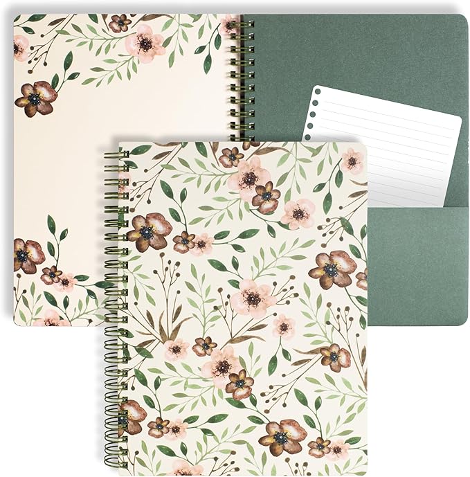 Steel Mill & Co Cute Green Mini Spiral Notebook, 8.25" x 6.25" Journal with Durable Hardcover and 160 Lined Pages, Woodland Floral