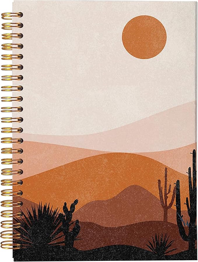 VNWEK Abstract Boho Desert Sun Cactus Landscape Spiral Notebook Journal 5.5×8.3 Inch,Boho Mid-Century Modern Art Lined Hardcover Spiral Notebook for Work Notes Journaling, Gifts for Women Girls