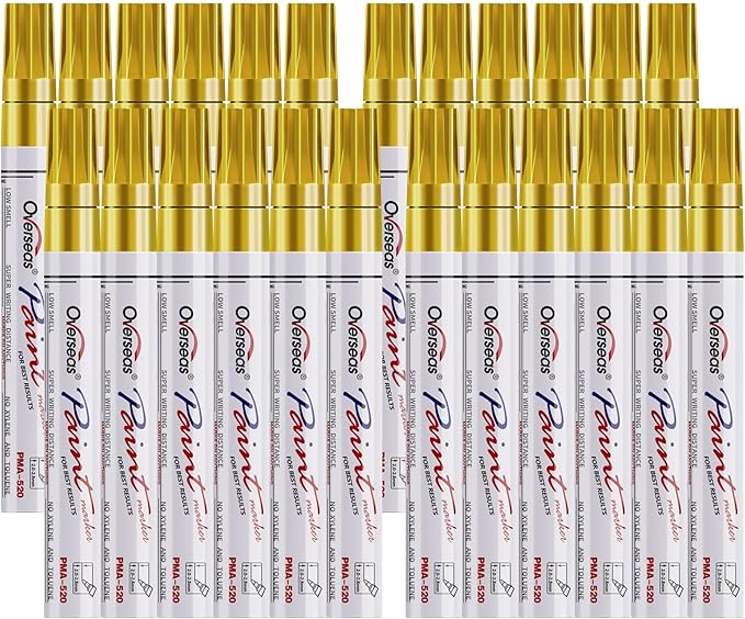 Overseas Gold Paint Pens Permanent Markers 24 Pcs, Oil Based Paint Markers Set, Quick Drying, Waterproof, Medium Tip Marker Pens for Metal, Rock, Wood, Plastic, Canvas, Glass, Stone, Rubber, Paper