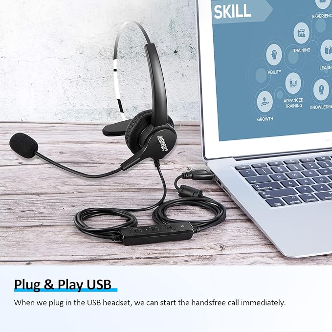 AGPTEK® Hands-Free Call Center Noise Cancelling Corded Monaural Headset USB Headset with Microphone for PC Headphone with Mic Mircrophone - Cord with USB Plug, Volume Control