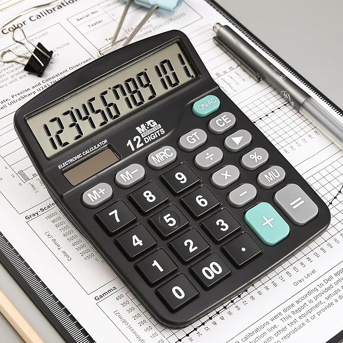 M&G Desk Calculator 12 Digit Office Calculators with Large LCD Display, Dual Solar Power and Battery, Recessed Big Button Calculator for Office Home School (Black, Pack of 5)