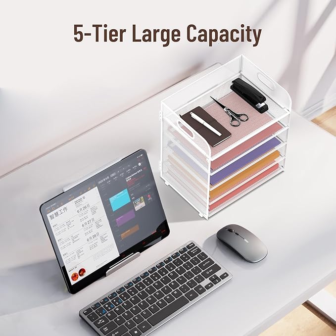 Supeasy 5 Trays Paper Organizer Letter Tray with Handle-Mesh Desk File Organizer, Paper Sorter Desk Organizer for Office, Home or School