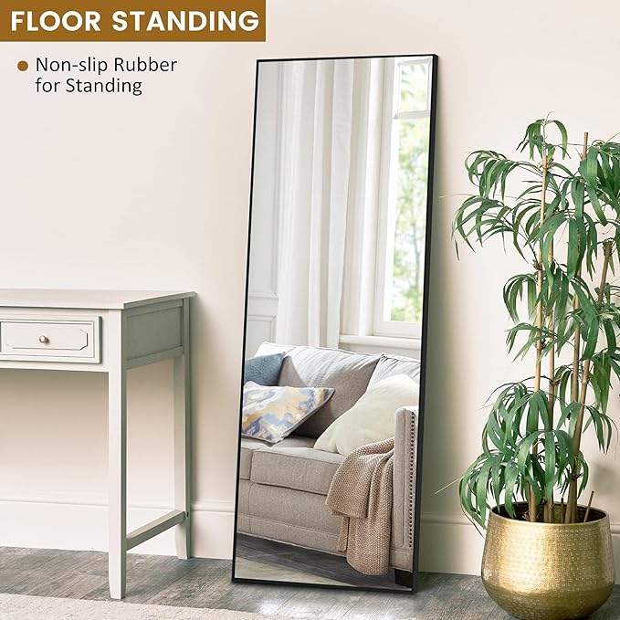 Arched Full Length Mirror, 57" x 20" Floor Mirror with Stand – Shatterproof Tempered Glass, Modern Aluminum Frame, Multi-Mount for Bedroom, Living Room, Gym, Black