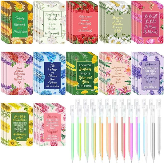 60 Pcs Mini Inspirational Notebooks Bulk with 60 Pcs Colorful Pens, Small Pocket Journal Notepads Set, Motivational Bulk Gifts for Women Men Teacher Student Kids,Fun School Office Supplies,3.5"x5.5"