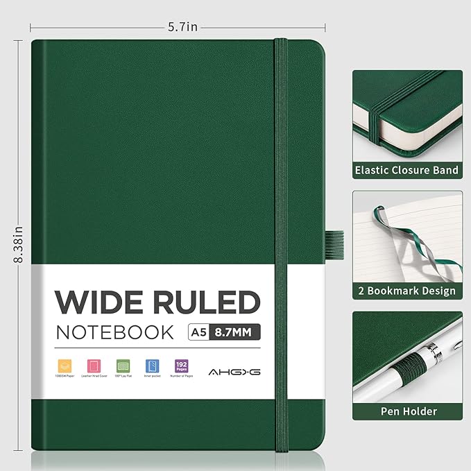 AHGXG Wide Ruled Notebook for School - Lined Journal for Women Men, 192 Numbered Pages, 100 GSM Thick Paper, A5 Hardcover Leather Notebook for Work, Writing, 5.7"×8.3" - Green