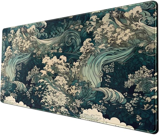Japanese Large Mouse Pad Gaming Sea Wave Desk Pad Blue Sea Flower Art Aesthetics Desk Pad Non-Slip Rubber Base Mice Pad, 31.5 X 11.8 in for Laptop Computer Mouse Keyboard Mat of Office Desk Decor