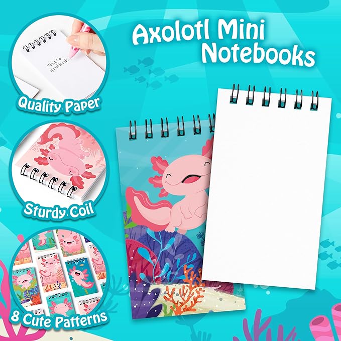 24 Packs Axolotl Mini Spiral Notebooks Cute Animal Pocket Notepads Journal Memo Pads for Birthday Party Favors Gifts Goodie Bag Stocking Stuffers Office School Classroom Rewards, 8 Designs
