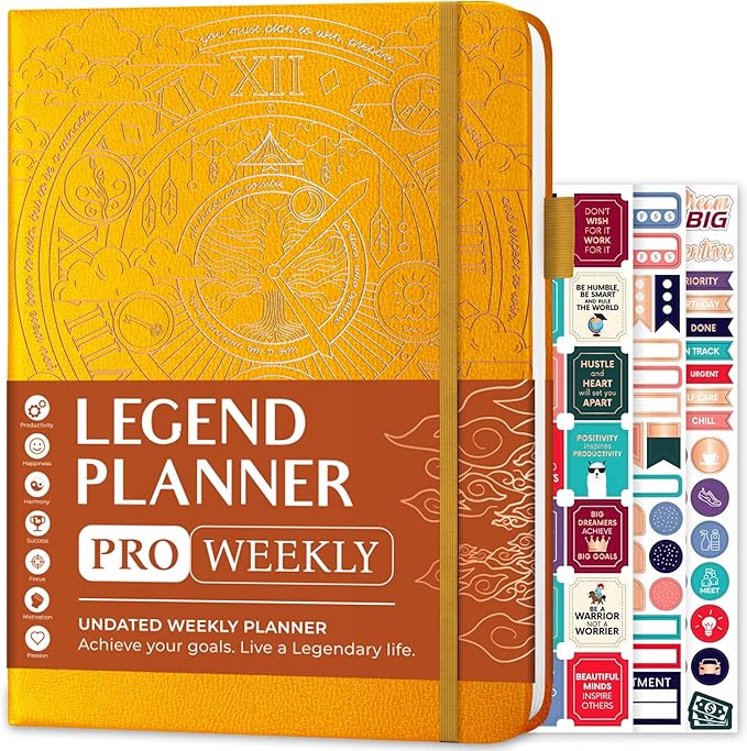 Legend Planner PRO – Deluxe Weekly & Monthly Life Planner to Increase Productivity and Hit Your Goals. Time Management Organizer Notebook – Undated – 7 x 10" Hardcover + Stickers – Amber Yellow