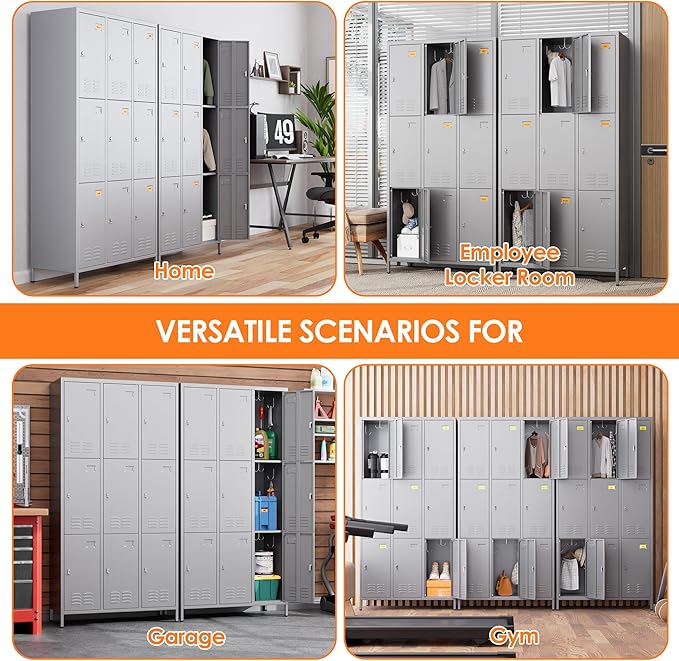9 Doors Metal Locker with 27 Hooks and Business Card Holder,Metal Lockers for Employees with Ventilation Holes for School Office Gym Garage,Assembly Required,Dark Grey