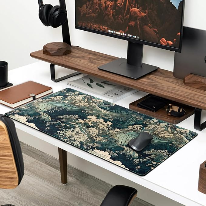Japanese Large Mouse Pad Gaming Sea Wave Desk Pad Blue Sea Flower Art Aesthetics Desk Pad Non-Slip Rubber Base Mice Pad, 31.5 X 11.8 in for Laptop Computer Mouse Keyboard Mat of Office Desk Decor