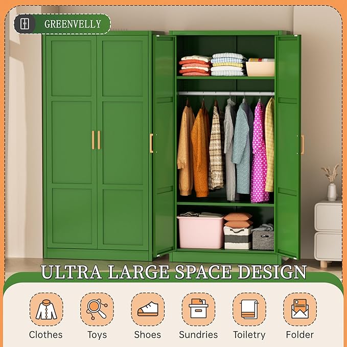 Greenvelly Metal Wardrobe Cabinet with Wooden Handle, 72" Metal Wardrobe Closet with Hanging Rods and Adjustable Shelves, Clothing Storage Closet Cabinet for Home, Office, Employee, Gym (Green)