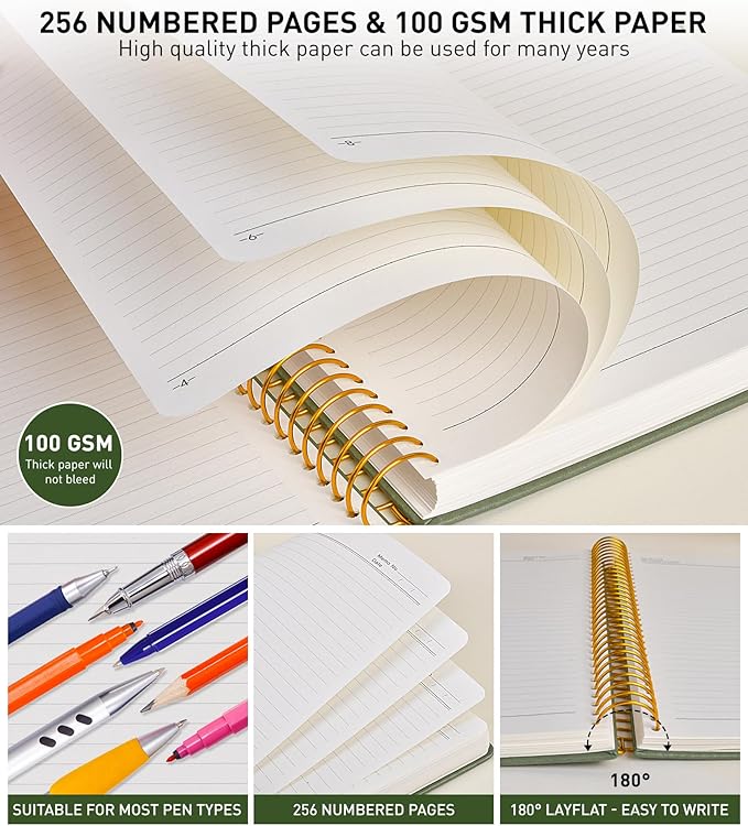 A4 Spiral Notebook Journal 8.5” x 11”, 256 Numbered Pages Hardcover Leather Journals for Women Men, Large Lined College Ruled Notebooks, 100GSM Thick Paper, Spiral Bound Journal for Work School, Green