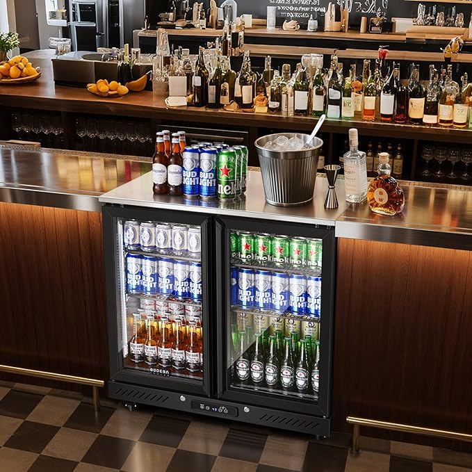 BODEGACOOLER Back Bar Cooler with 2 Glass Doors,7.7Cu.ft Commercial Bar Beverage Refrigerator Under Counter LED Lighting for Soda Drinks,Beer,Wine with Stainless Steel Top,DOE Approved,4 Casters