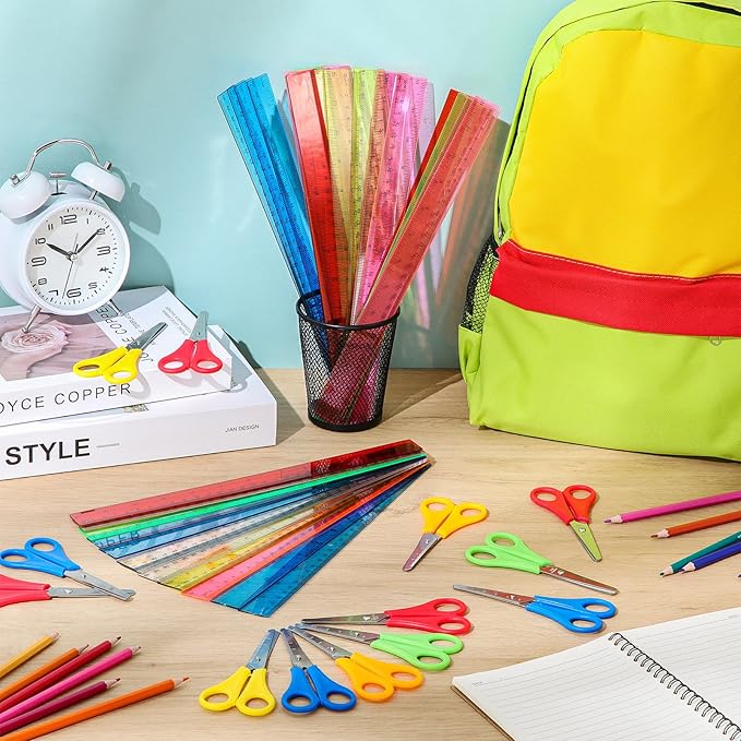 PerKoop 200 Pcs School Supplies with 100 Pcs Safety Blunt Tip Student Scissors 100 Pcs 12 Inch Plastic Rulers Back to School Supply Kit for Operation Christmas Charity Donation Supplies (Vivid Color)