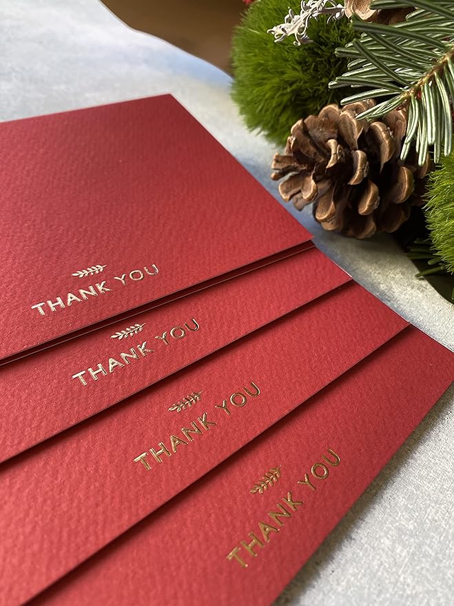 RUN2PRINT (36 Pack Thank You Cards With Envelopes & Stickers - Elegant Red Emboss Gold Foil Pressed - Blank Notes Wedding, Bridal, Baby Shower, Business and Formal All Occasion Cards (Folded)