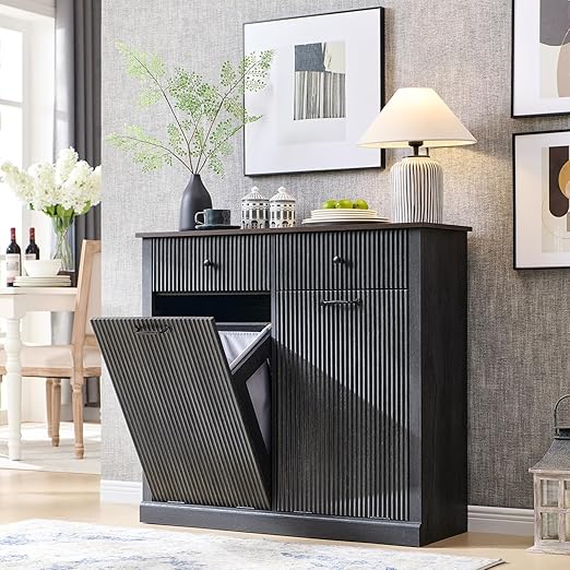 Modern Double Tilt-Out Trash Cabinet, 20 Gallon Fluted Laundry Hamper Cabinet with 2 Drawers, Wooden Hidden Garbage Can Cabinet with Storage Basket, Free Standing for Kitchen & Living Room, Grey