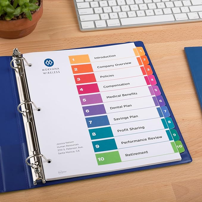 Avery 10 Tab Dividers for 3 Ring Binders, Customizable Table of Contents, Multicolor Tabs, 6 Sets (11188)