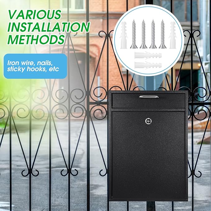 Locking Mailbox with Key for Outdoor 16.2 x 11.2 x 4.7 Inches Large Wall Mount Mail Box with Lock Security Mail Drop Metal Collection Boxes Hanging Secure Postbox(Black)