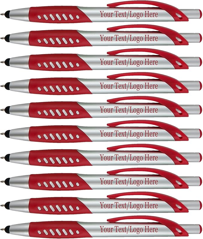Personalized Pens With Custom Logo or Text-300 Pack Bulk-for Businesses, Parties, and Events, 2 in 1 Ballpoint Pen & Capacitive Stylus for Touchscreen Devices, Click Action, Black Ink, Red