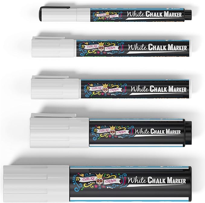 CHALKY CROWN 5pc White Chalk Markers - Non-Toxic Liquid Chalkboard Markers, White Liquid Chalk Marker for Windows, Glass - 1, 3, 6, 10, 15mm Tips