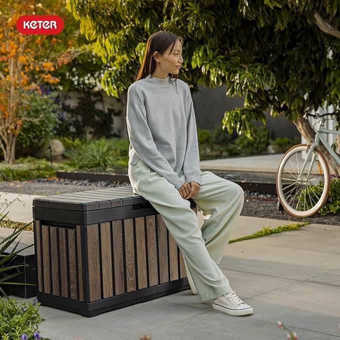 Keter Signature Everwood 50 Gallon Resin Outdoor Storage Box and Patio Furniture Side Table for Pool and Garden Accessories, Walnut