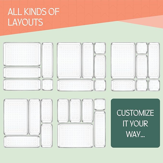 25 PCS Clear Plastic Drawer Organizers Set, 4 Sizes Clear Drawer Organizers & storage Bins for Makeup/Jewelry Vanity, Kitchen Gadgets Or Office Desk. Bathroom Drawer Organizer Trays With Non-Slip Pads