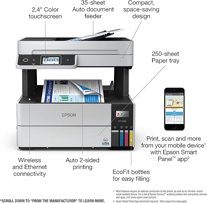 Epson EcoTank Pro ET-5180 Wireless Color All-in-One Supertank Printer with Scanner, Copier, Fax Plus Auto Document Feeder and PCL/Postscript, White, Large