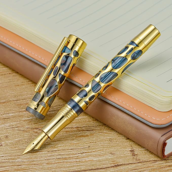 Asvine V169 Vacuum Filling Fountain Pen Fine Nib, Water Drop Skeleton Gold Trim Transparent Gray Blue Acrylic Pen Case Set