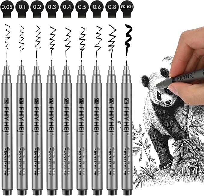 Micro Fineliner Drawing Art Pens: 9 Black Fine Line Ink Set Artist Supplies Archival Inking Markers Liner Professional Sketch Outline Anime Sketching Artist Illustration Watercolor