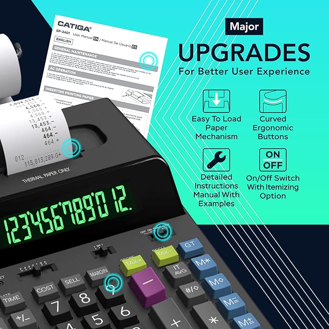 CATIGA 12 Digit Thermal Printing Calculator with Tape Print Out, Ink-Free Adding Machine, 5X Faster Quite at 8.0 LPS, Extra Large Fluorescent Display, Tax Calculation with Clock and Calendar, SP-2401