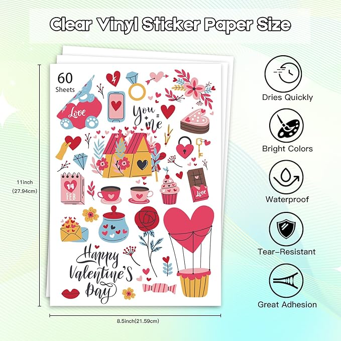 Premium Printable Clear Vinyl Sticker Paper for Inkjet Printers, 60 Sheets Transparent Paper of 8.5x11 "DIY Personalized Self-adhesive Paper That is Tear Resistant, Waterproof Labels,Easy to Cut