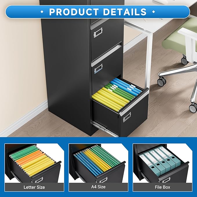 4 Drawer File Cabinet with Lock Metal Vertical File Cabinet Office Home Vertical File Cabinet for A4 Legal/Letter Size Narrow File Cabinet Locked,Assembly Required (Black, 4 Drawers- Vertical)