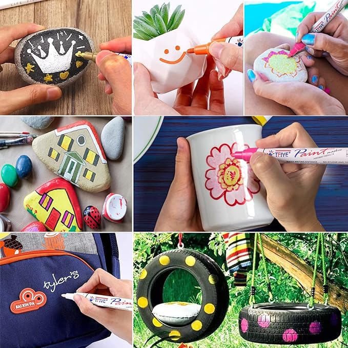 TFIVE Paint Pens Paint Markers Never Fade Quick Dry and Permanent, 12 Color Oil-Based Waterproof Marker Pen Set for Rock Painting, Ceramic, Wood, Fabric, Plastic, Canvas, Glass, Mugs