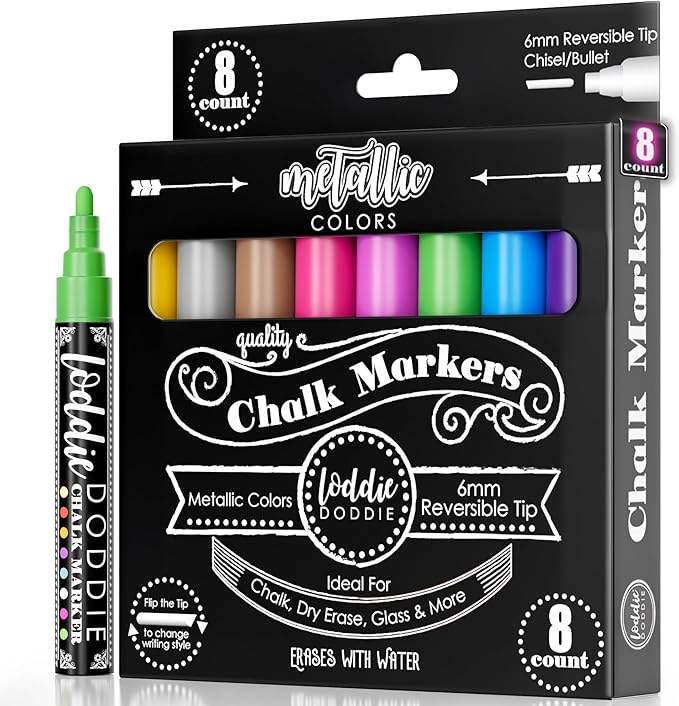 Loddie Doddie Metallic Liquid Chalk Markers for Chalkboard - 8 Count, 6mm Reversible Chisel & Bullet Tip - Erasable Chalk Pen - Metallic Chalkboard Markers - Chisel Tip Pens