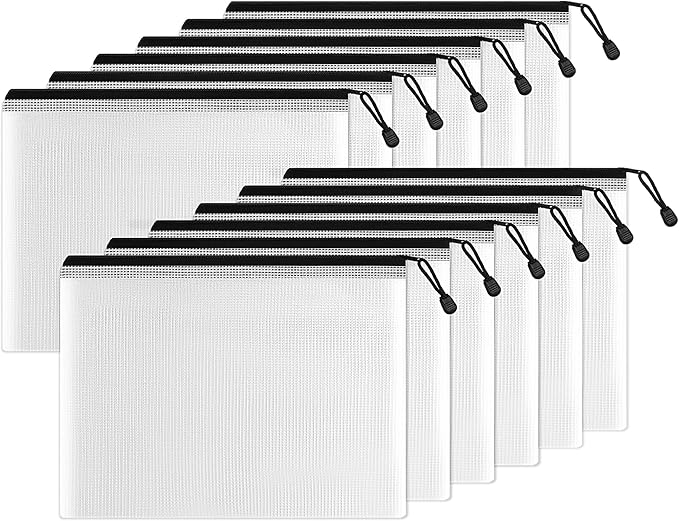 SUNEE Plastic Mesh Zipper Pouch 10x14 in (Black, 12 Packs),Extra Large Water-Resistant Zip Bag for School Office Supplies, Puzzles & Games Organizing Storage