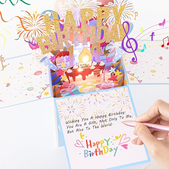 Tnvee 14TH Birthday Cards with Lights & Music & Candle, 3D Pop Up Singing Happy Birthday Greeting Cards Gfits for 14 Years Old Girl Boy Son Daughter