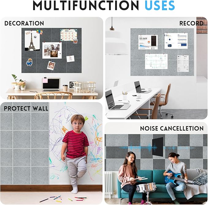 Large Cork Bulletin Board for Wall 36"x24", 6 Pack Felt Wall Tiles with 50 Pushpins, 30 Safe Removable Adhesive Tabs, Decorative Pin Board Tack Board for Office Home School, Silver Grey