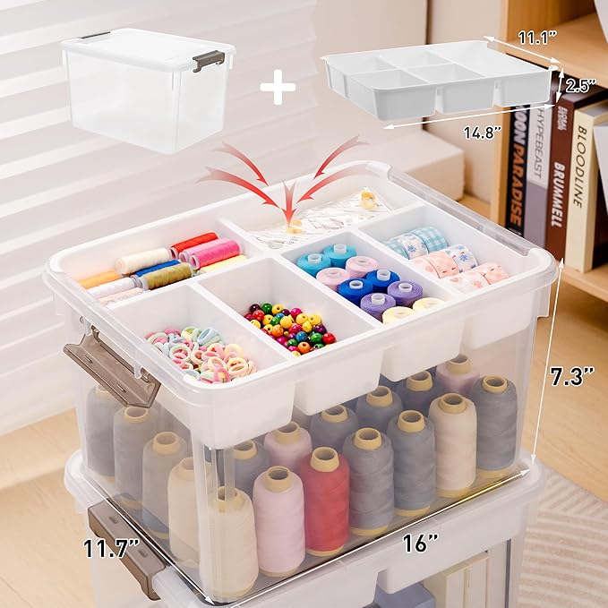Citylife 32 QT Plastic Storage Bins with Removable Tray Large Stackable Storage Containers for Organizing Craft Storage and Storage Craft, Clothes, Files, Office Supplies, 2 Packs