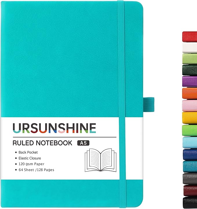 Ruled Notebook/Journal - Classic Lined Journal/Notebook, Hardcover with Thick Paper, 5.3" x 8.26", Banded + Pen Holder +Inner Pocket - Cyan