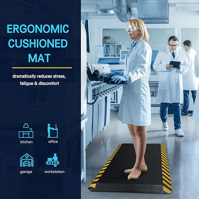 FEATOL Anti Fatigue Mat Industrial, Ergonomic Standing Floor Mat for Work for Stand, Black with Yellow Border Safety 20" x 32"-Support for Leg & Back Pain