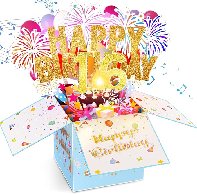 Tnvee 16TH Birthday Cards with Lights & Music & Candle, 3D Pop Up Singing Happy Birthday Greeting Cards Gfits for 16 Years Old Girl Boy Daughter Son