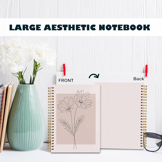 BearCake Pink Boho Floral Notebook Journal for Women, Minimalist Boho Floral Notebook,Hardcover Spiral Journal Notebook 5.5x8.3