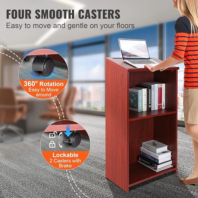 VEVOR Podium Stand, 47 inch Hostess Stand with 4 Rolling Wheels, Wood Podium with Storage Shelves and Slant Desktop, Lecterns & Podiums for Home, Office, School, Church, Brown