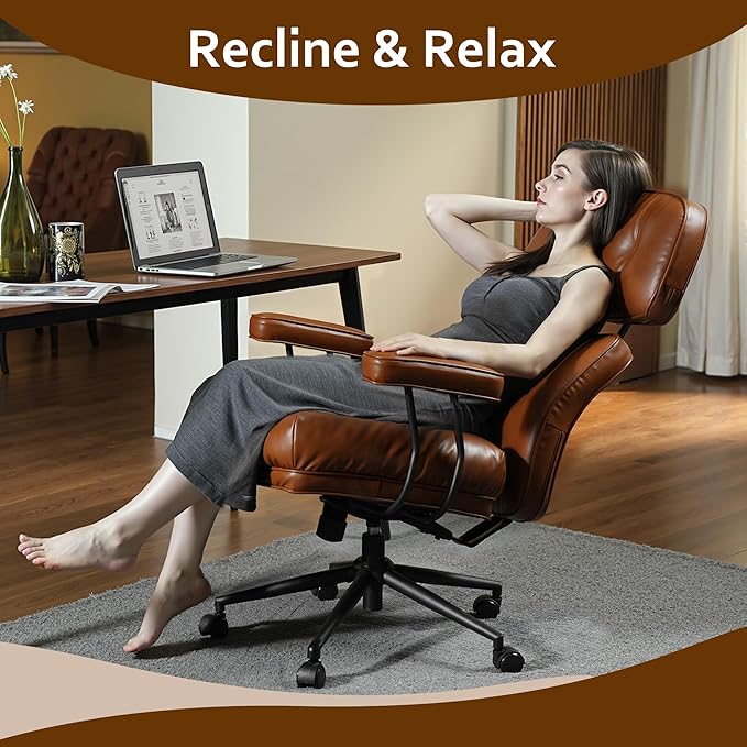 Faux Leather Executive Office Chair - Big and Tall Ergonomic Home Office Chair,Reclining Computer Desk Chair with Lumbar Support,Adjustable Task Chair Swivel Rolling PC Chair with Wheels,Browm,PU